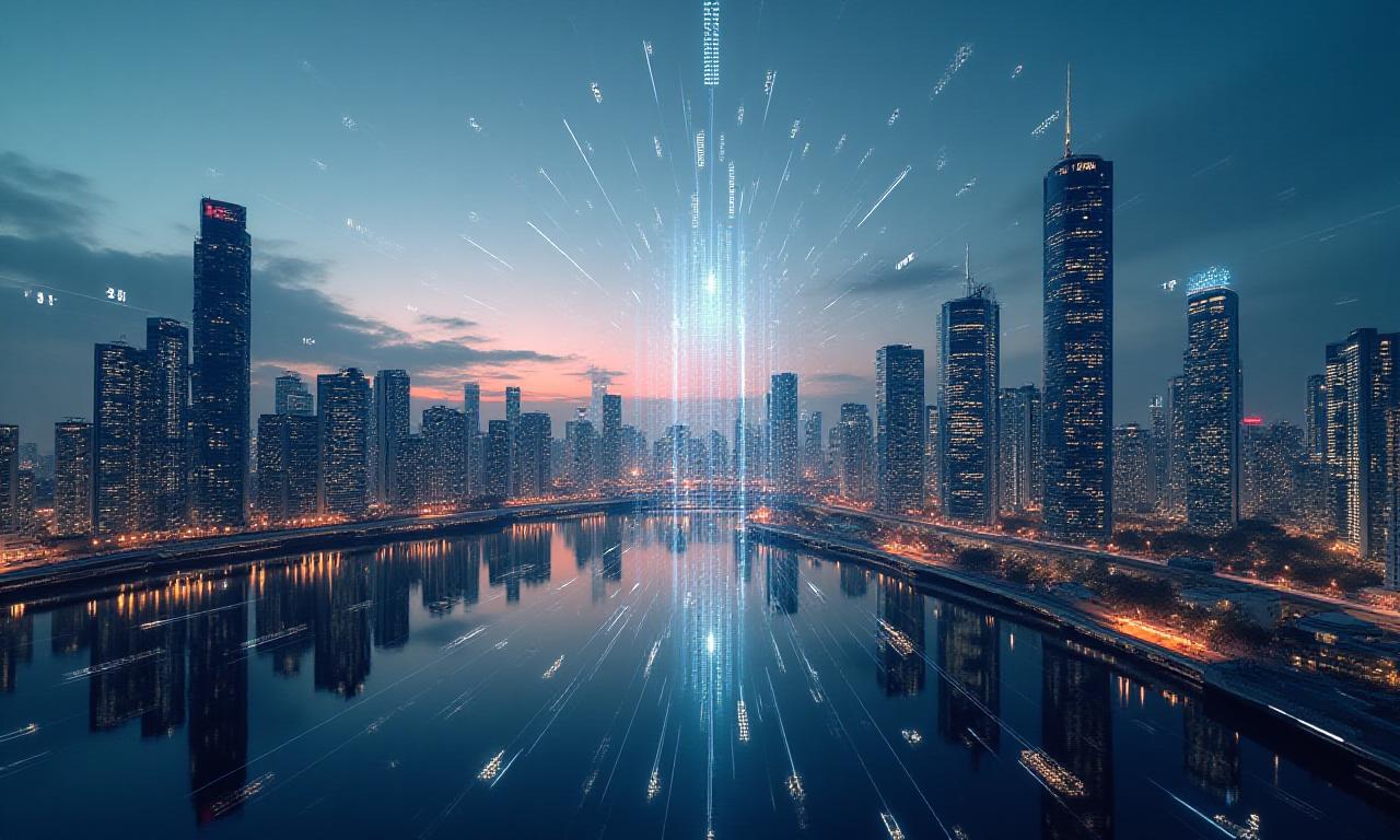 Paysage urbain futuriste avec des superpositions de données. Représente la transformation numérique et l'analyse stratégique.